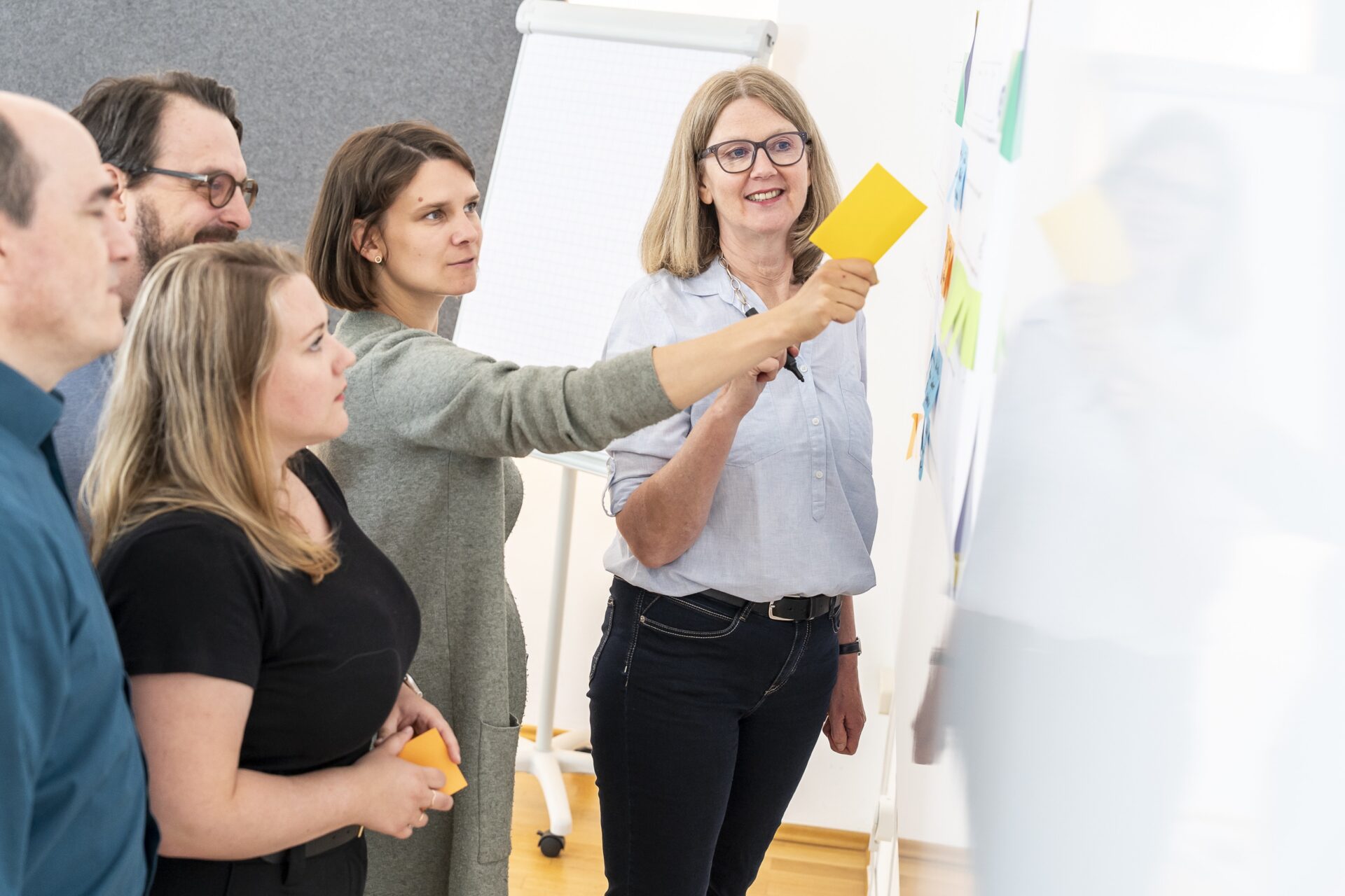Team diskutiert Ideen mit Haftnotizen am Whiteboard