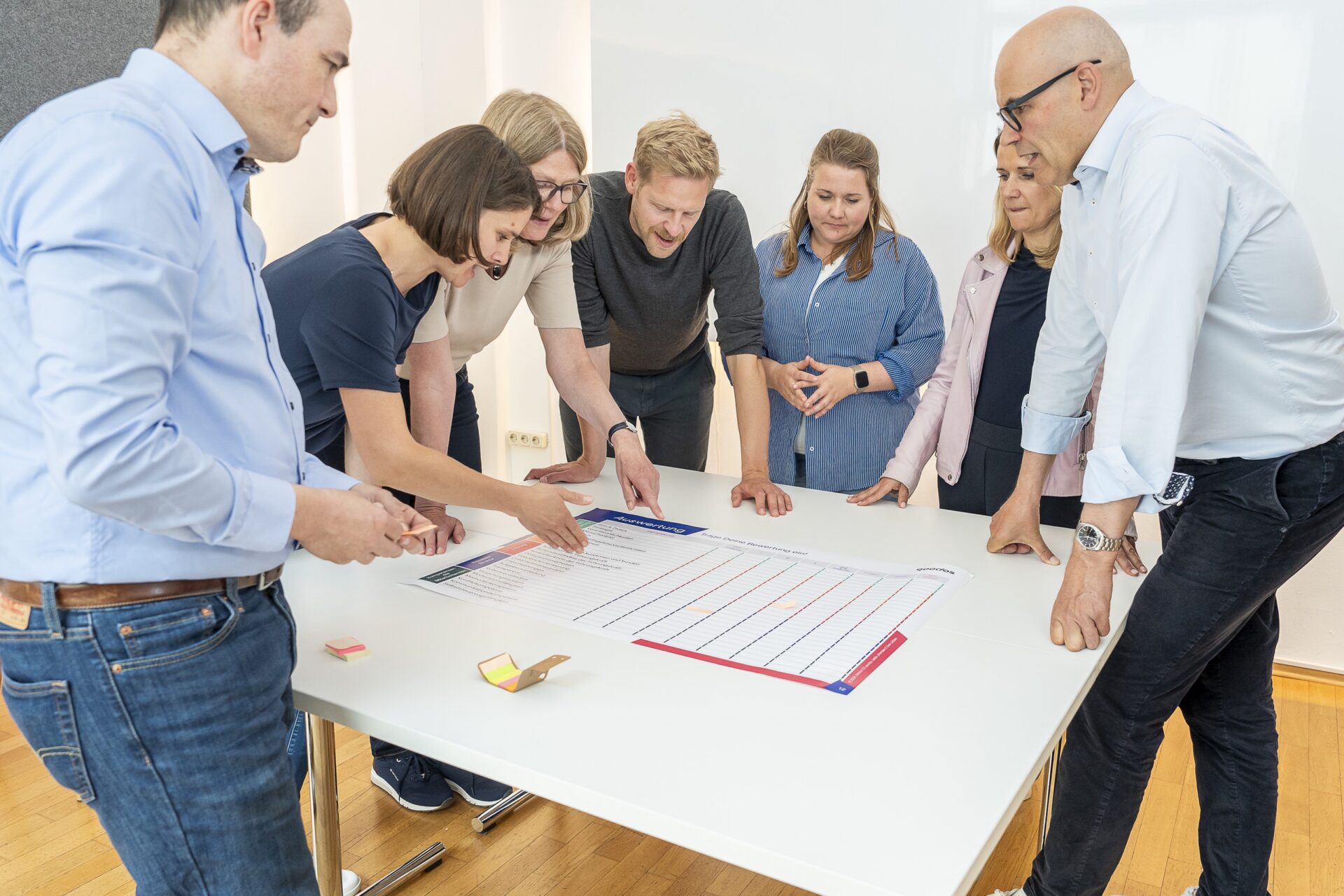 Team bespricht Planungsübersicht am Tisch im Büro