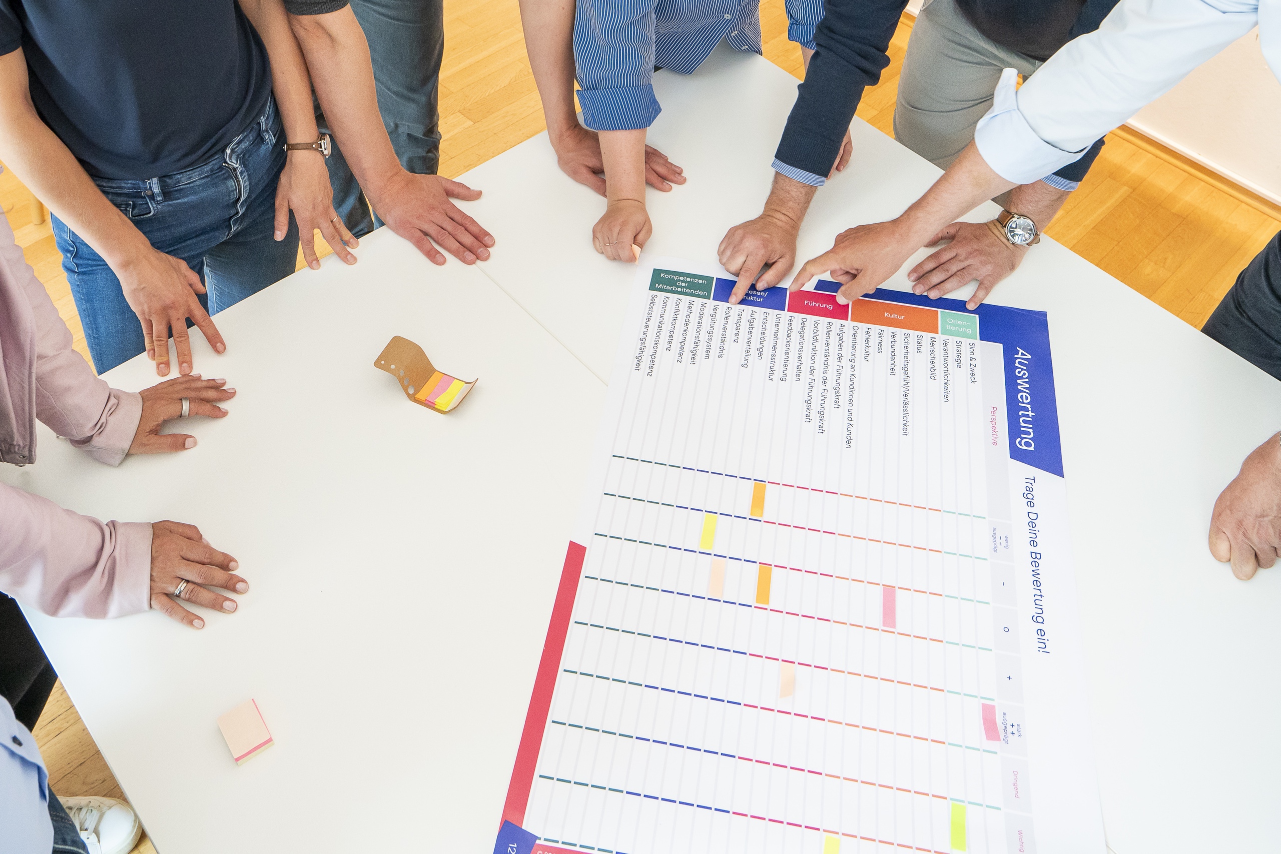 Team analysiert Bewertungsdiagramm bei Workshop am Tisch