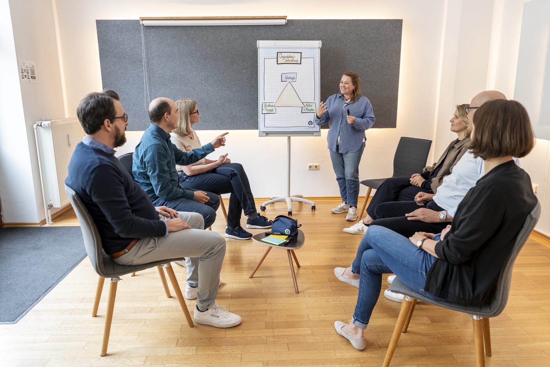 Frau präsentiert Workshop vor sitzender Gruppe im Büro