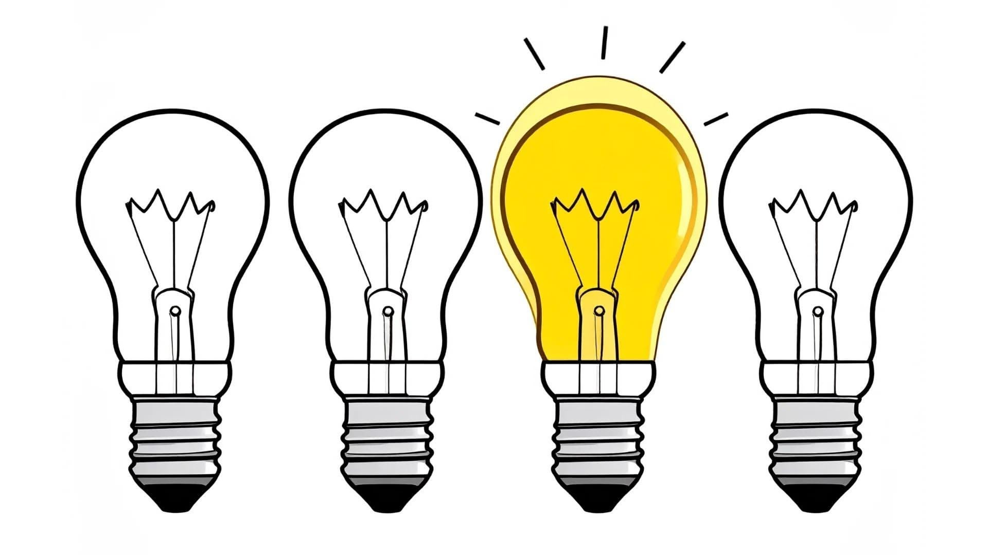 Vier Glühbirnen, eine leuchtet gelb