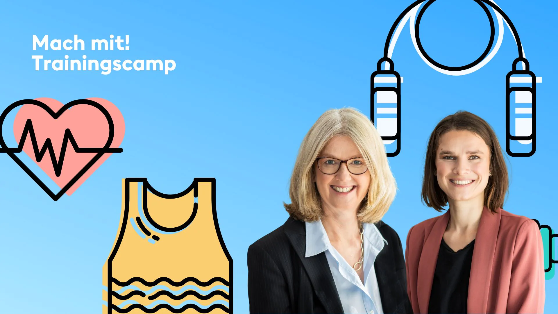 Zwei Frauen vor Fitnessgrafiken und Trainingscamp-Schriftzug